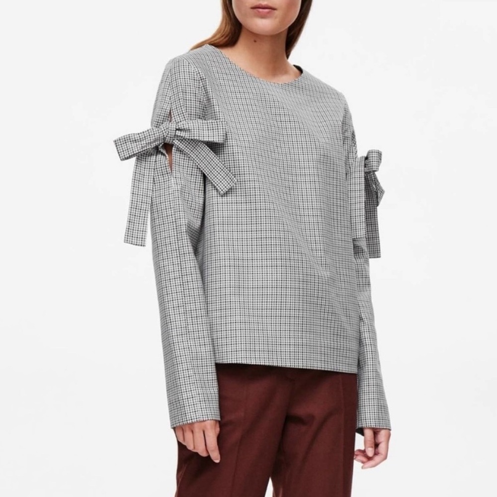 COS houndstooth check woven top bow detail on sleeves
